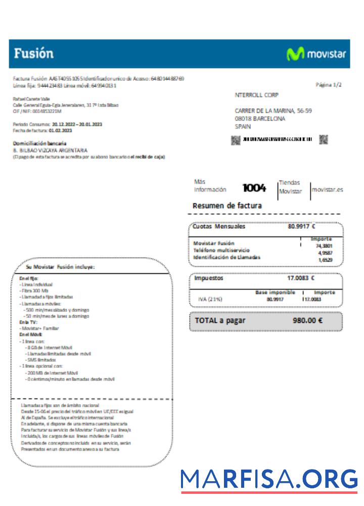 Printable Movistar Fusion telecom operator utility business bill, SCR sample